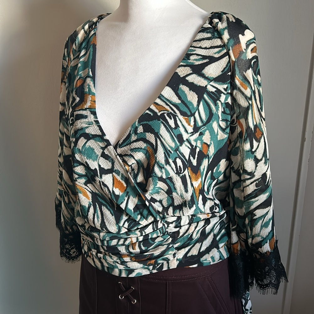 New Anthropologie Lace Trimmed Flutter Sleeve Abstract Chiffon Print Wrap Blouse - Picture 14 of 14